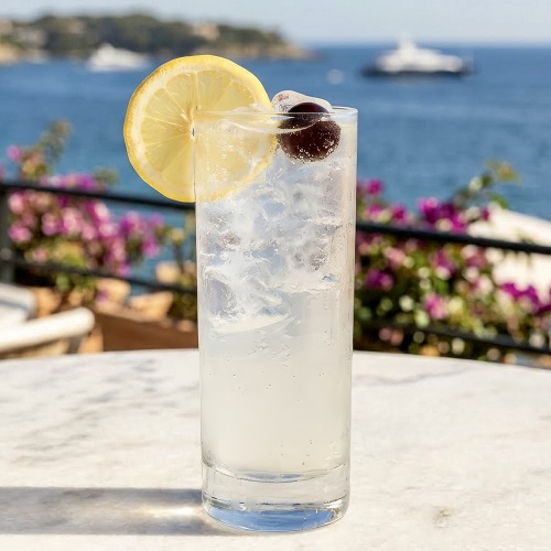 Classic Tom Collins cocktail in a collins glass.